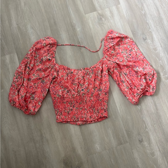 AFRM Waverly Pink Floral Puff Sleeve Smocked Ruffle Crop Top size XS - Picture 4 of 6